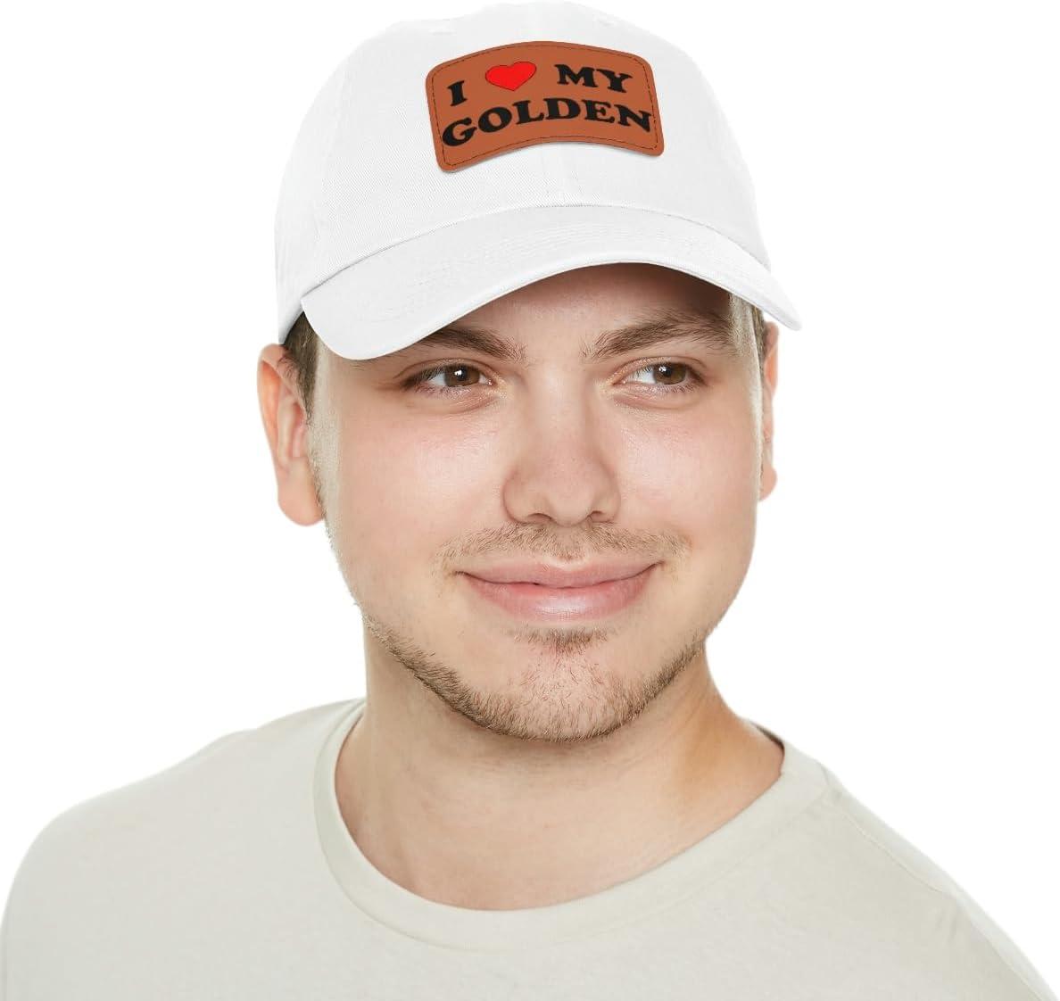 imageI Love My Golden Retriever Hat with Leather PatchWhite W Light Brown Patch