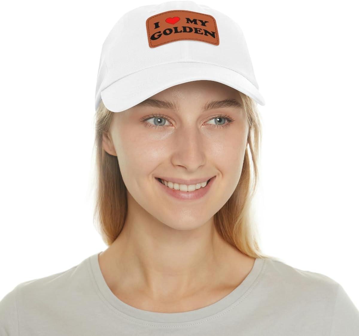 imageI Love My Golden Retriever Hat with Leather PatchWhite W Light Brown Patch