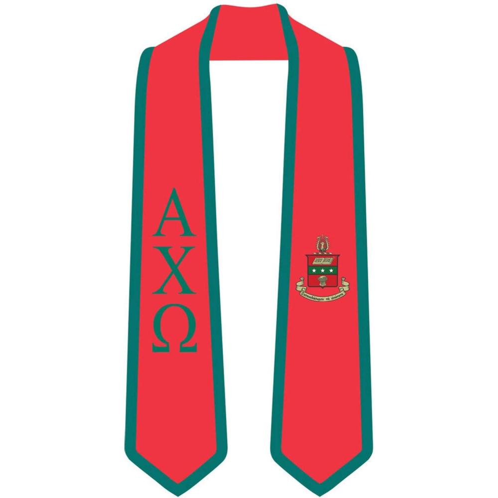 imageAlpha Chi Omega Greek 2 Tone Lettered Graduation Sash StoleRed WForest Green Trim