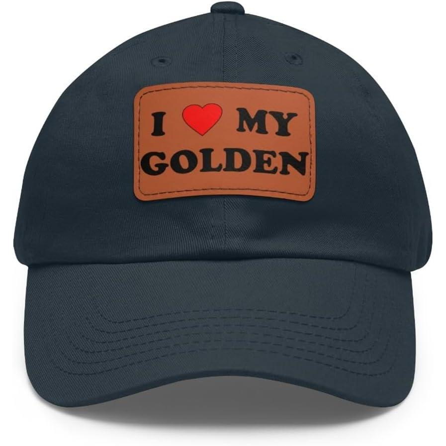 imageI Love My Golden Retriever Hat with Leather PatchNavy W Light Brown Patch