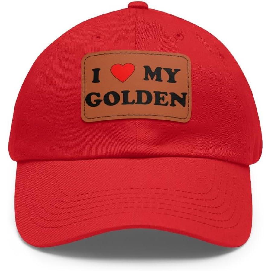 imageI Love My Golden Retriever Hat with Leather PatchRed W Light Brown Patch