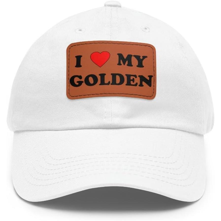 imageI Love My Golden Retriever Hat with Leather PatchWhite W Light Brown Patch