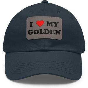 I Love My Golden Retriever Hat with Leather Patch(Navy W/ Grey Patch)