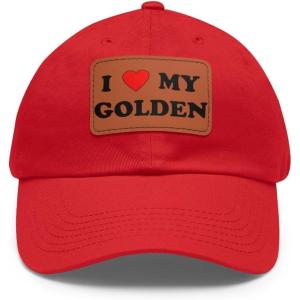 I Love My Golden Retriever Hat with Leather Patch(Red W/ Light Brown Patch)