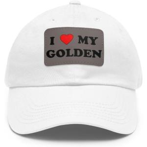 I Love My Golden Retriever Hat with Leather Patch(White W/ Grey Patch)