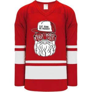 Santa Claus Eat. Rink. Be Merry! Christmas Hockey Jersey(Red With White)