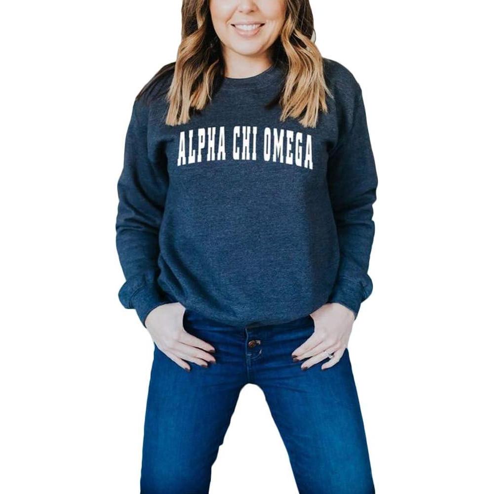 imageGreekgear Alpha Chi Omega Letterman Crewneck SweatshirtNavy Blue