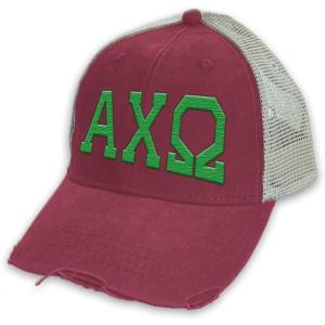 Alpha Chi Omega Distressed Trucker Hat(Burgundy/ Tan)