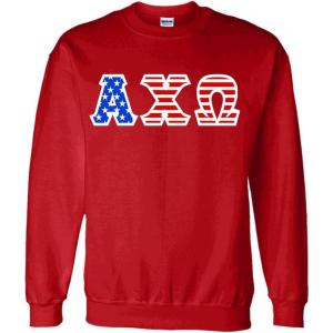 Alpha Chi Omega Greek Letter American Flag Crewneck(Red)