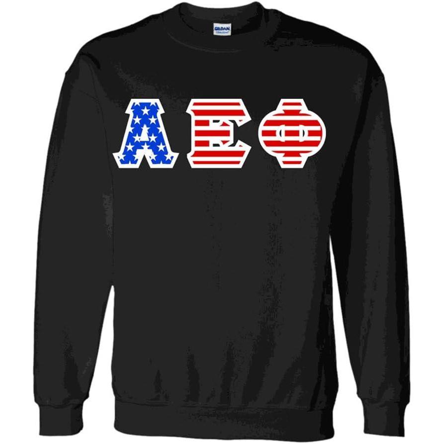 imageAlpha Epsilon Phi Greek Letter American Flag CrewneckBlack