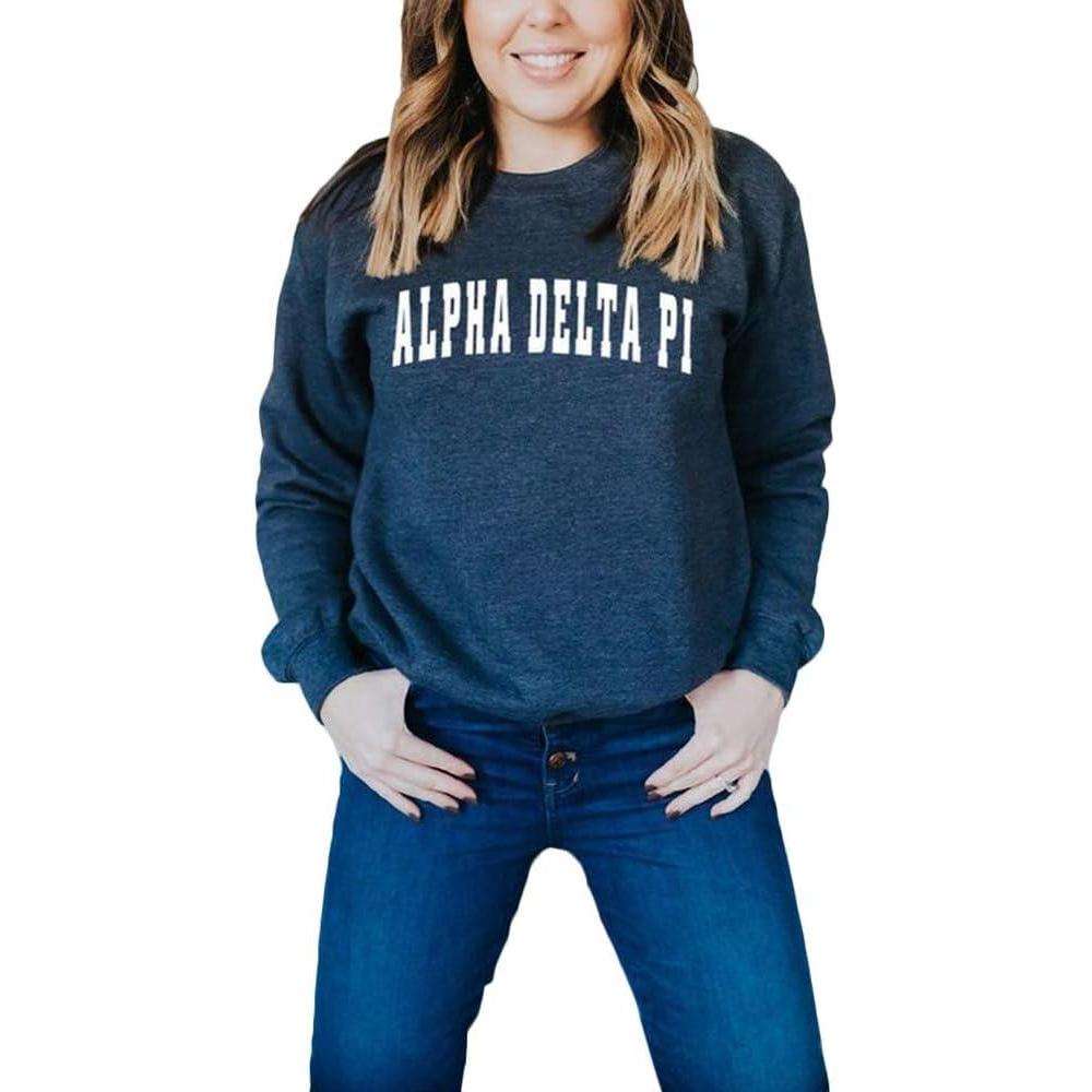 imageGreekgear Alpha Delta Pi Letterman Crewneck SweatshirtNavy Blue