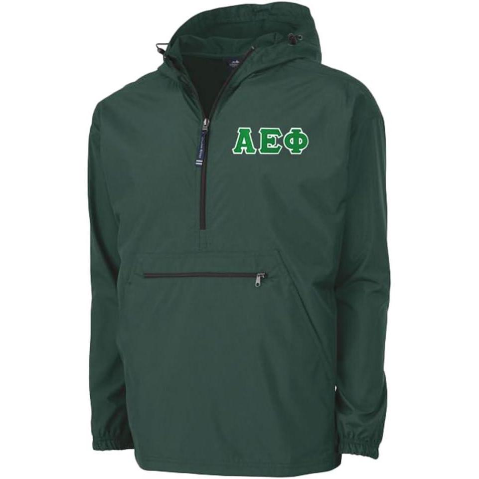 imageGreekgear Alpha Epsilon Phi Tackle Twill Lettered Pack N Go PulloverForest Green