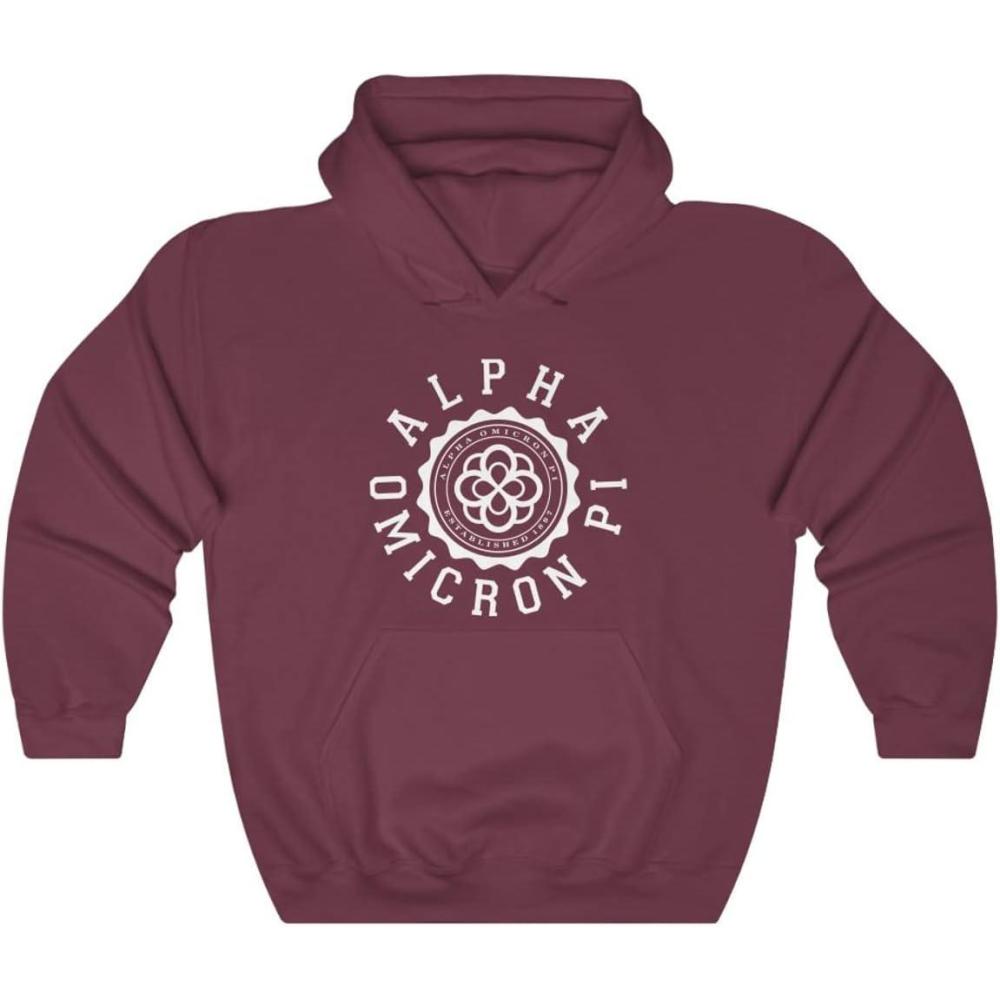imageGreekgear Alpha Omicron Pi Unisex College Seal HoodieMaroon