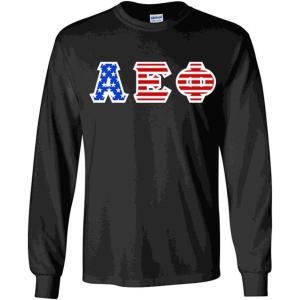Alpha Epsilon Phi Greek Letter American Flag Long Sleeve Tee(Black)