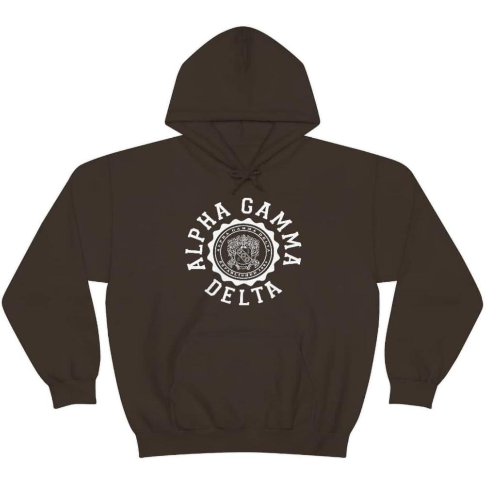 imageGreekgear Alpha Gamma Delta Unisex College Seal HoodieDark Chocolate
