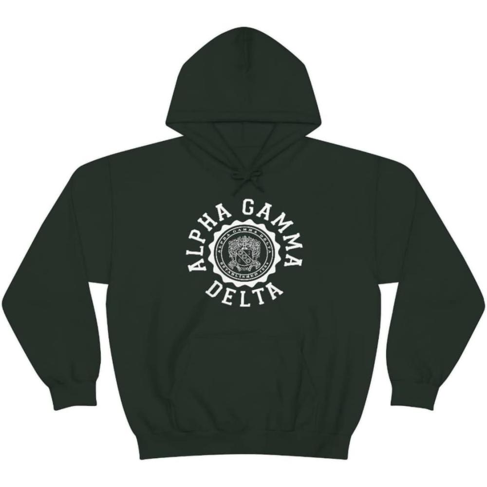 imageGreekgear Alpha Gamma Delta Unisex College Seal HoodieForest Green