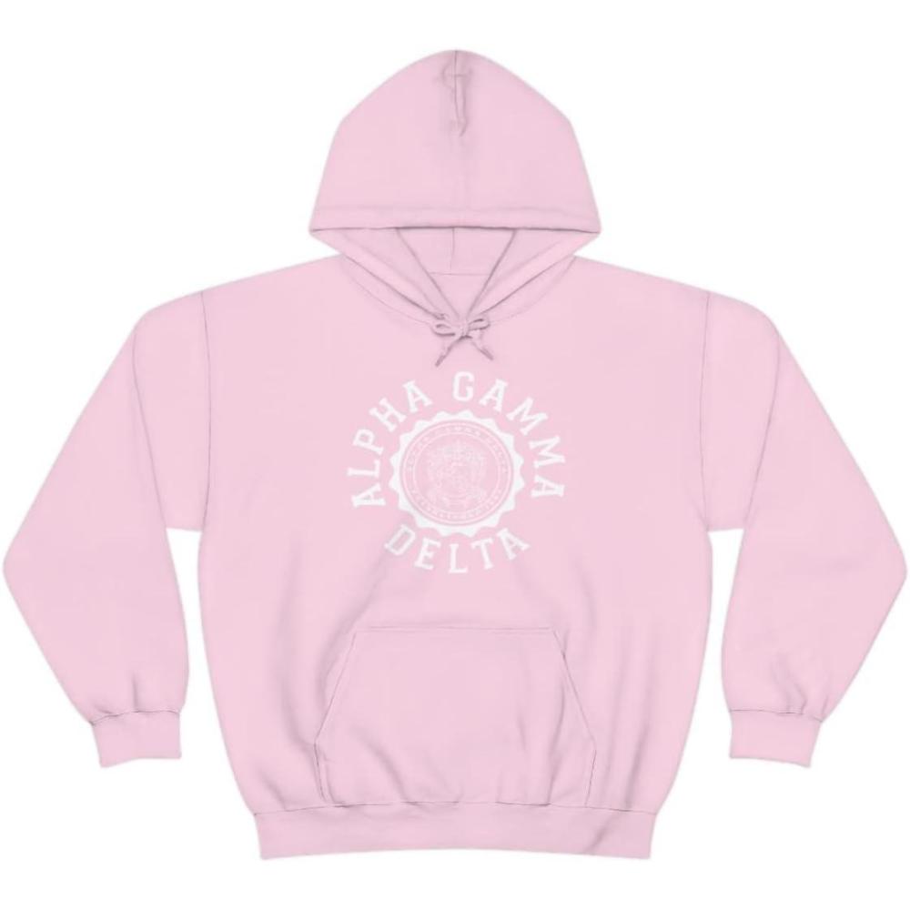 imageGreekgear Alpha Gamma Delta Unisex College Seal HoodieLight Pink