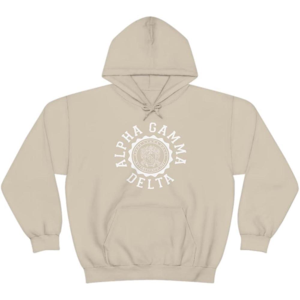imageGreekgear Alpha Gamma Delta Unisex College Seal HoodieSand