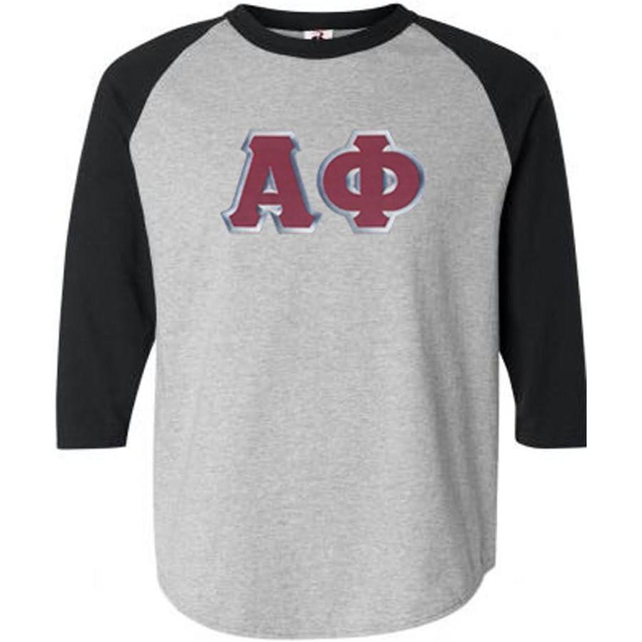 imageGreekgear Alpha Phi Lettered Raglan ShirtGrey WBlack
