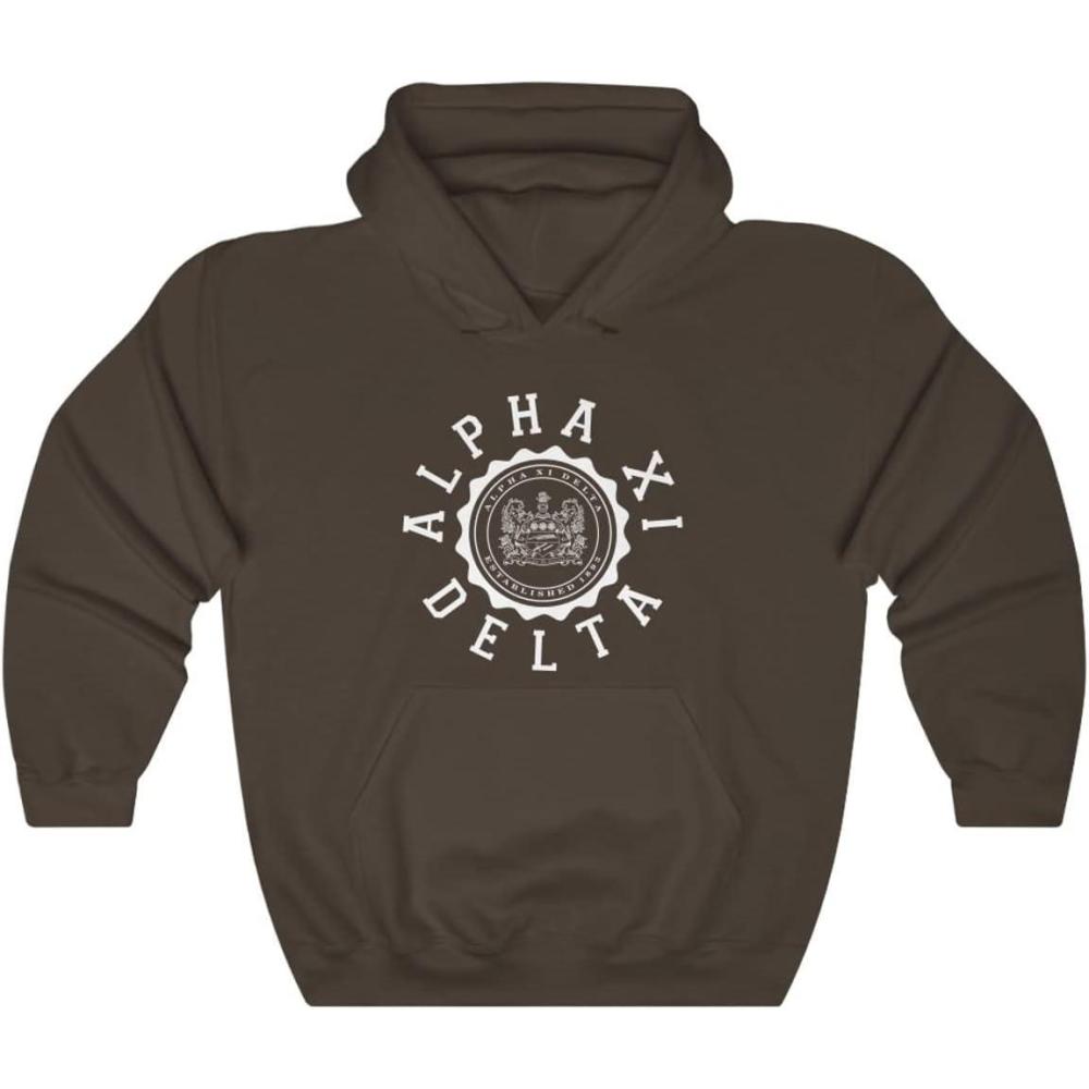 imageGreekgear Alpha Xi Delta Unisex College Seal HoodieDark Chocolate