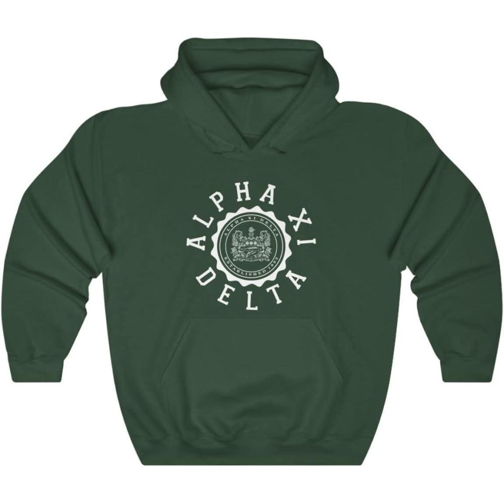 imageGreekgear Alpha Xi Delta Unisex College Seal HoodieForest Green