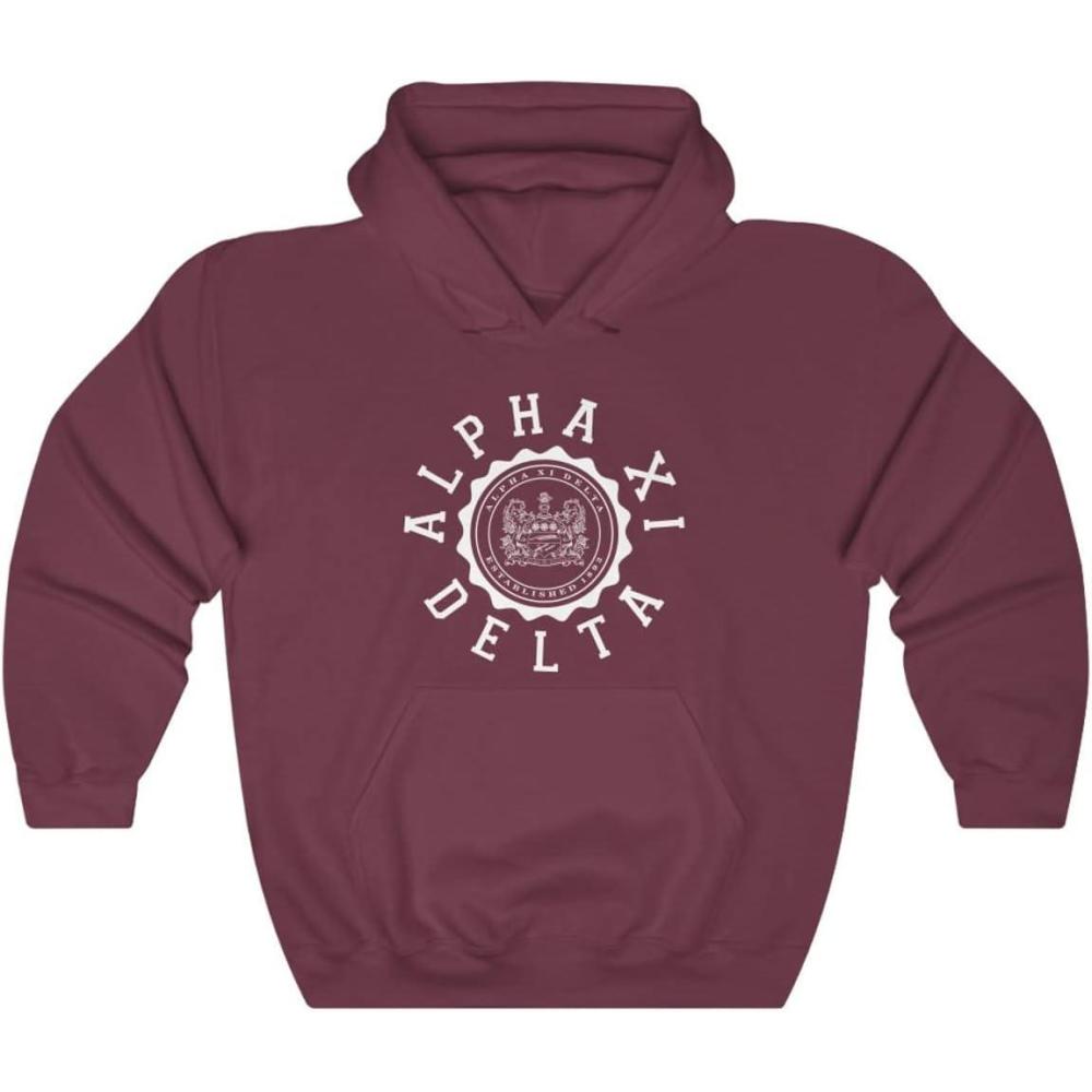imageGreekgear Alpha Xi Delta Unisex College Seal HoodieMaroon