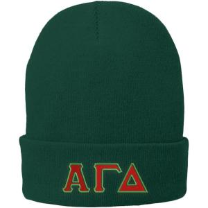 Alpha Gamma Delta Big Greek Lettered Knit Cap(Green W/Red/Lime Green Thread Color)