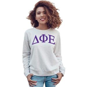 Delta Phi Epsilon DPHIE Arched Greek Lettered Crewneck Sweatshirt(Light Grey)