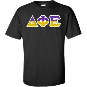 Delta Phi Epsilon DPHIE Two Tone Greek Lettered T-Shirt(Black)