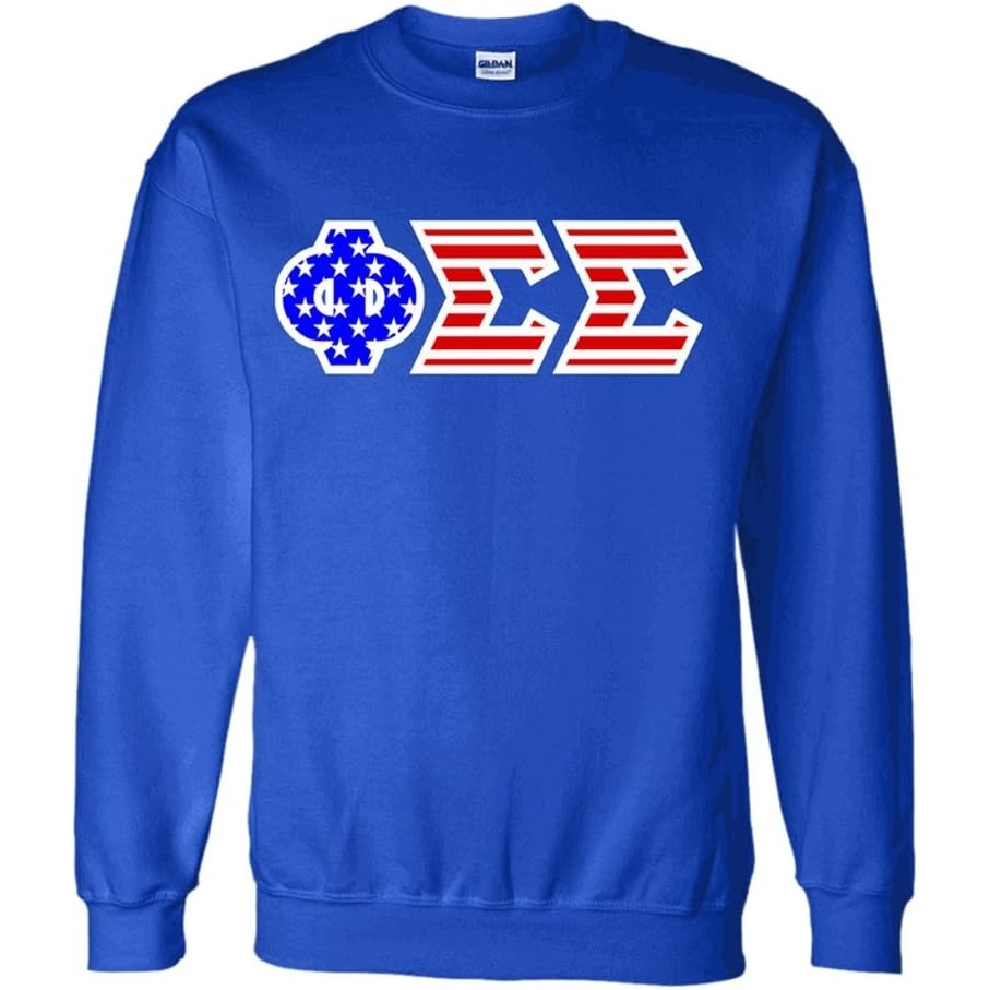 imagePhi Sigma Sigma Greek Letter American Flag CrewneckRoyal Blue