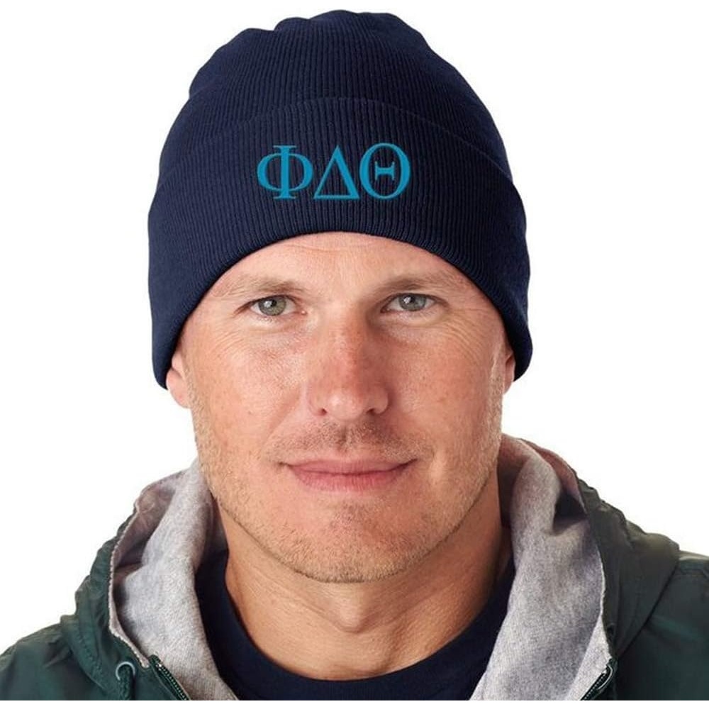 image:imagePhi Delta Theta Greek Letter Knit CapNavy Blue WLight Blue Thread Color