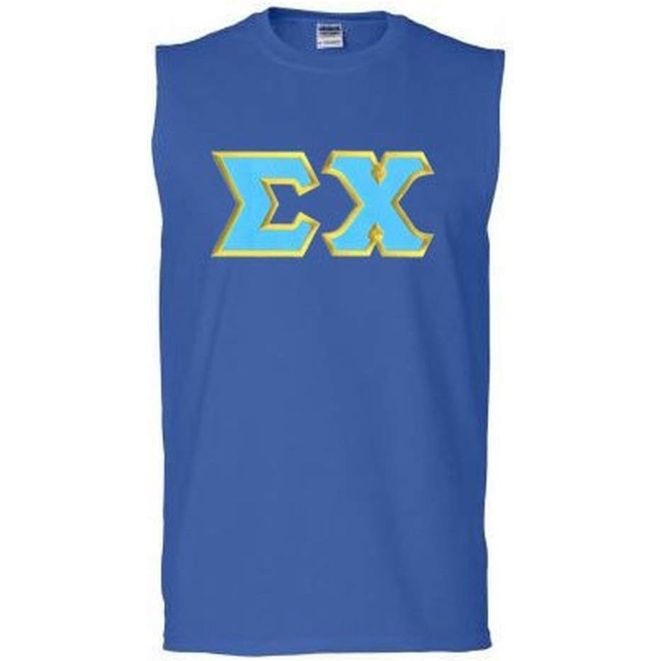 image:imageSigma Chi Lettered Sleeveless TeesRoyal Blue WLight Blue With Light Gold Satin Border Color