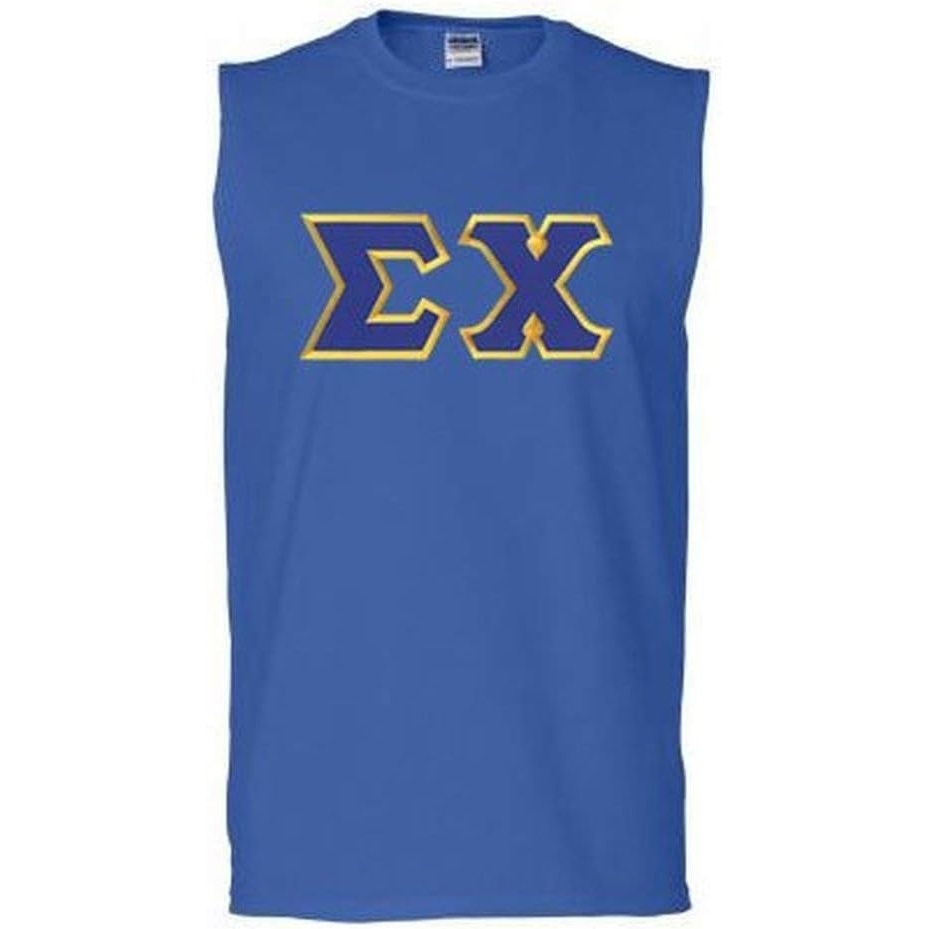 image:imageSigma Chi Lettered Sleeveless TeesRoyal Blue WRoyal Blue With Light Gold Satin Border Color