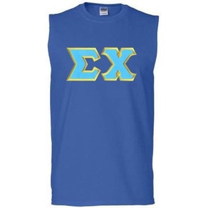 Sigma Chi Lettered Sleeveless Tees(Royal Blue W/Light Blue With Light Gold Satin Border Color)