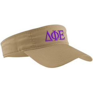 Delta Phi Epsilon DPHIE Greek Letter Visor(Khaki W/Purple Thread Color)