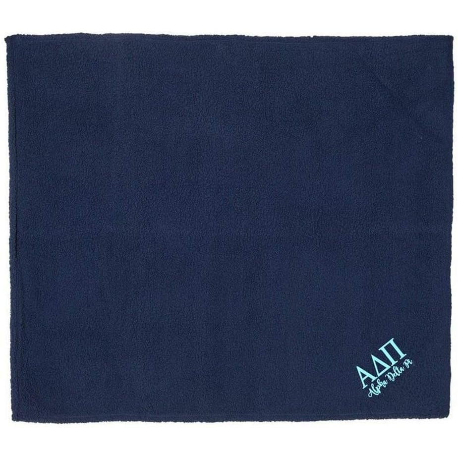 image:imageGreekgear Alpha Delta Pi Sherpa Blanket Navy Blue wLight Blue Thread Color