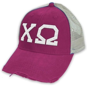 Chi Omega Chi O Distressed Trucker Hat Naut Red/Tan