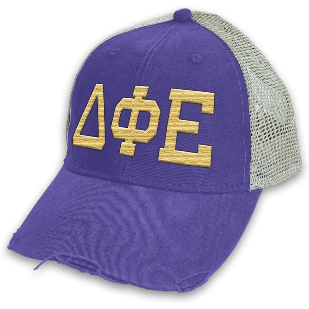 image:imageDelta Phi Epsilon DPHIE Distressed Trucker Hat PurpleTan