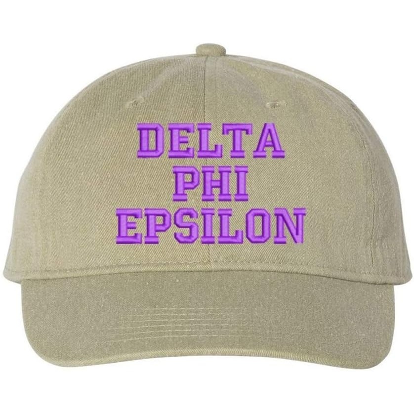 image:imageDelta Phi Epsilon DPHIE Pigment Dyed Baseball CapKhaki WPurple Thread Color