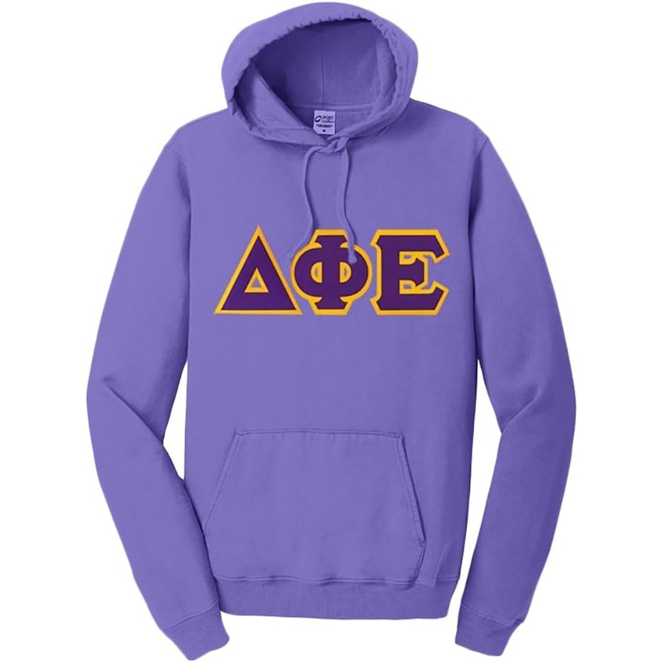 image:imageDelta Phi Epsilon DPHIE PigmentDyed Lettered Hooded SweatshirtAmethyst