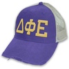 Delta Phi Epsilon DPHIE Distressed Trucker Hat Purple/Tan
