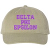 Delta Phi Epsilon DPHIE Pigment Dyed Baseball Cap(Khaki W/Purple Thread Color)
