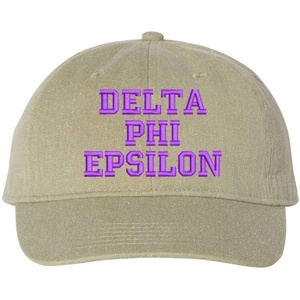 Delta Phi Epsilon DPHIE Pigment Dyed Baseball Cap(Khaki W/Purple Thread Color)