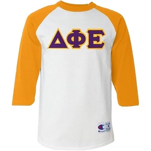 Delta Phi Epsilon Lettered Raglan Shirt(White With Gold)