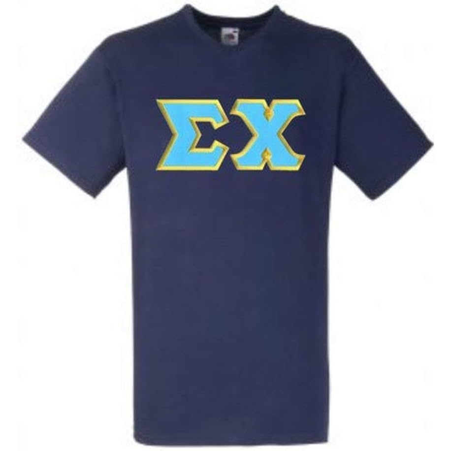 image:imageSigma Chi Lettered VNeck TShirtsNavy Blue WLight Blue and Light Gold Satin Border Color