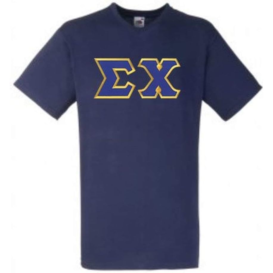 image:imageSigma Chi Lettered VNeck TShirtsNavy Blue WRoyal Blue and Light Gold Satin Border Color