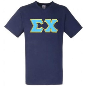 Sigma Chi Lettered V-Neck T-Shirts(Navy Blue W/Light Blue and Light Gold Satin Border Color)