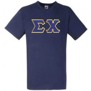 Sigma Chi Lettered V-Neck T-Shirts(Navy Blue W/Royal Blue and Light Gold Satin Border Color)