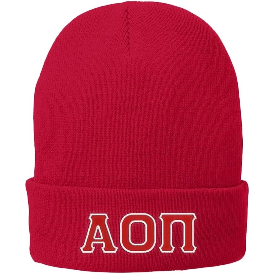 image:imageAlpha Omicron PI AOII Big Greek Lettered Knit CapRed WRedWhite Thread Color