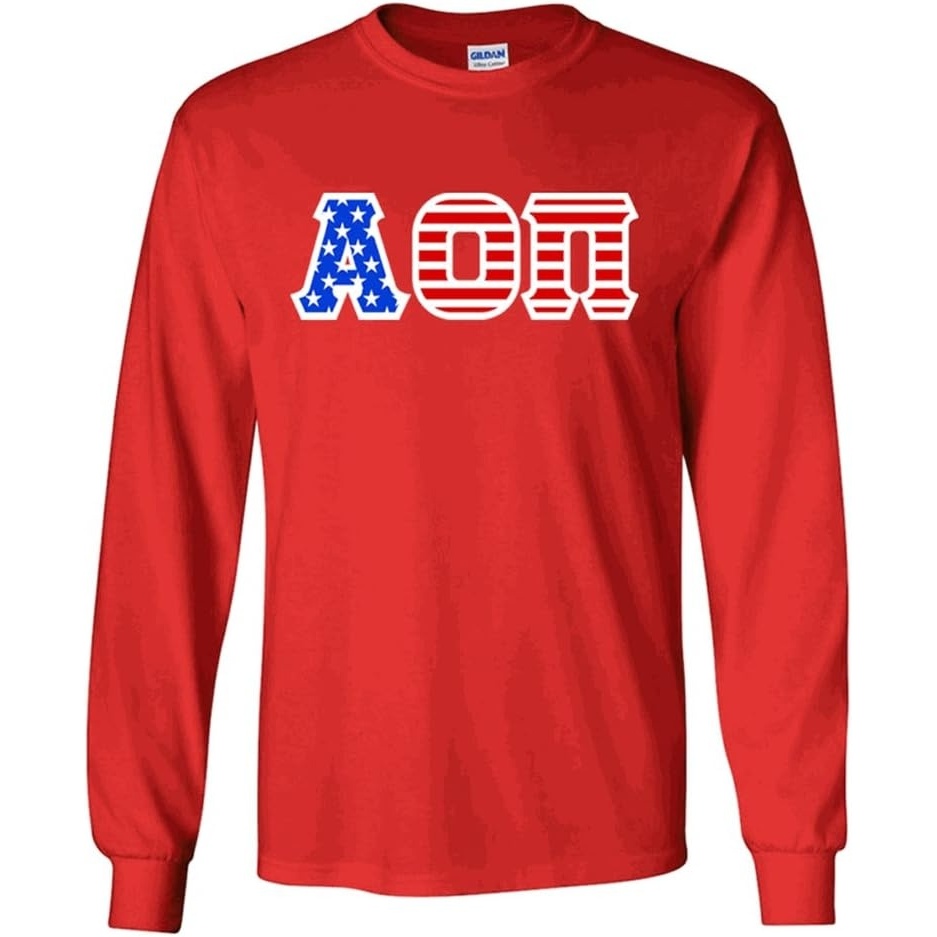 image:imageAlpha Omicron PI Greek Letter American Flag Long Sleeve TeeRed